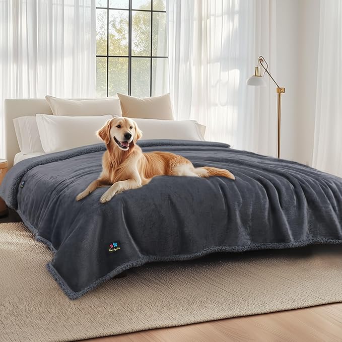 Luciphia Waterproof Pet Blankets, Liquid Pee Proof Dog Blanket for Sofa Bed Couch, Reversible Sherpa Fleece Furniture Protector Cover for Small Medium Large Dogs Cats, Dark Gray King Size（100" x 85"）