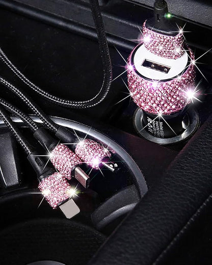 Bling USB Car Charger 5V 2.4A Pink Crystal Decor Dual Port Fast Adapter with 4ft Nylon Type C Micro USB 3 in 1 Multi Charging Cable for iPhone iPad Android, Auto Interior Accessories for Women