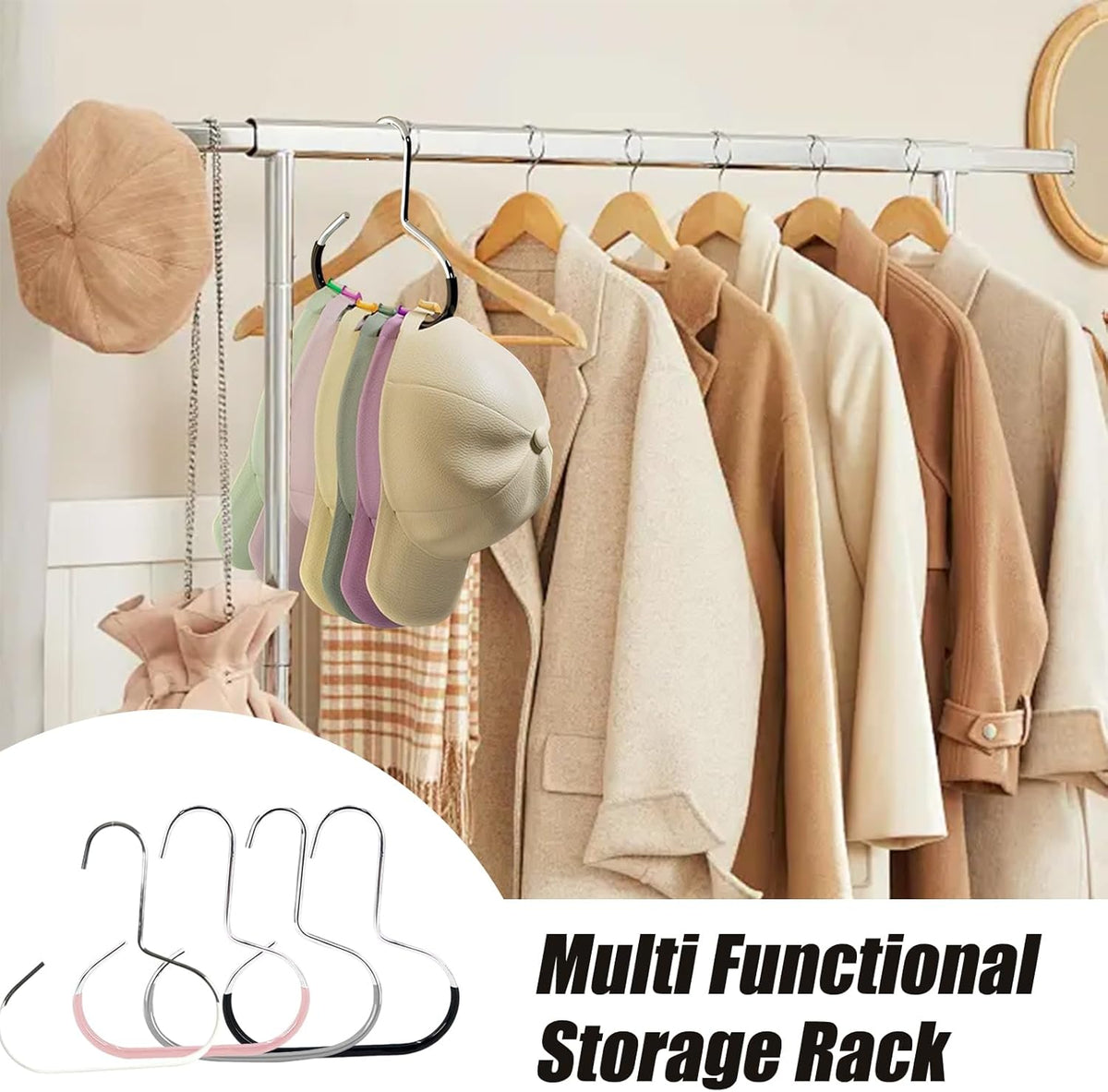 Maximize Closet Space with Versatile Storage, Hat Hangers for Closet, Hat Organizer, Multi-Functional Organizer Space Saving for Hats, Ties, Scarves, Delicate Fabrics (4pcs*Mix)
