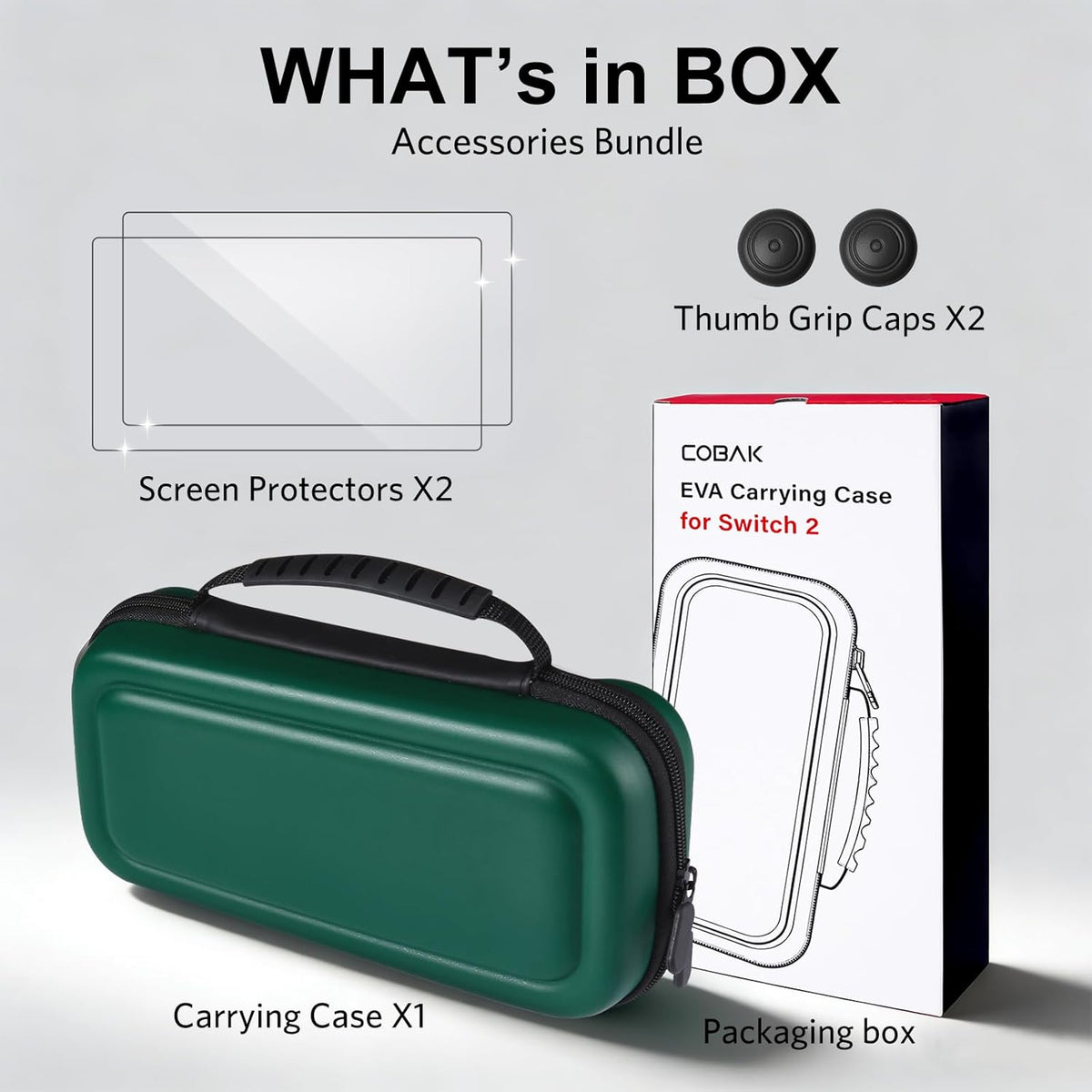 CoBak Large Capacity Carrying Case for Nintendo Switch 2 (2025) - 3 in 1 Accessories Bundle with 2 Screen Protectors, Thumb Grip Caps, 24 Game Cartridges, Hard Shell Portable Travel Pouch, Dark Green