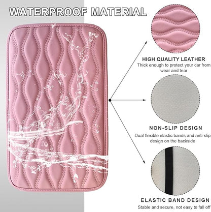 Car Center Console Cushion Pad, 12.48×7.40 Inches Waterproof Car Armrest Seat Box Cover, Comfortable PU Leather Vehicle Armrest Cover Protector, Car Decor Interior Accessories (Pink)