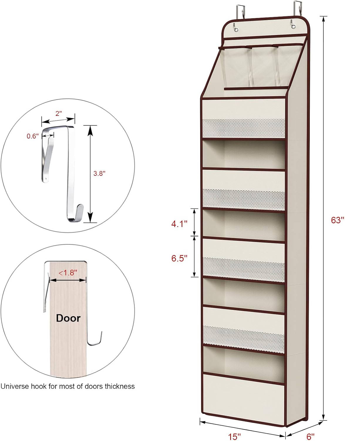 Univivi 6-Shelf Over Door Hanging Organizer Fabric Baby Door Storage with 5 Large Pockets and 3 Small PVC Pockets Wall Mount Hanging Storage Organizers for Baby Essential (Beige)