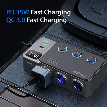 Cigarette Lighter Splitter Adapter, 120W 3 Socket 12V Car Heavy Duty Truck Cigarette Lighter Plug USB Charger Multi Port Car Plug Outlet Splitter with LED Voltage Display Independent Switches