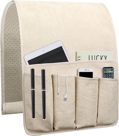 NB Sofa Armrest Organize remote holder bedside caddy organizer with 5 pockets，non-slip couch remote control holder couch armchair caddy accessories (Beige, 35"x12.4")