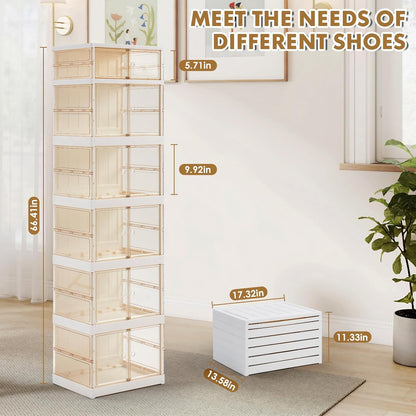MGWILL Foldable Shoe Rack, Collapsible Shoe Organizers for Closet Plastic Clear Shoe Storage Box for Entryway, Large Stackable Sneaker Cabinet Bins Shoe Shelf with Magnetic Door 6 Tiers