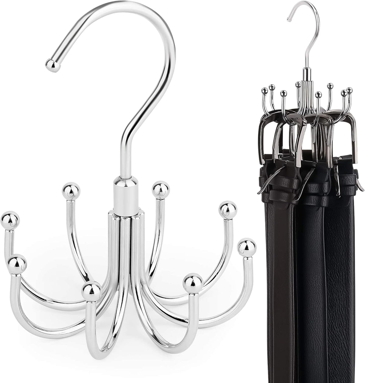 ZEDODIER Belt Hanger, 4 Pack Rotatable Belt Rack Closet Accessories Organizer, Maximum 24 Storage Capacity, Hanging Holder Storage Hook for Belt, Bra, Tank Top, Tie, Scarf, Purse, Silver
