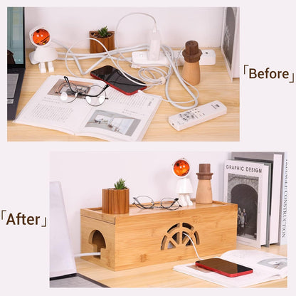 Extra Large Cable Management Box with Lid, Bamboo Cable Box for Cords, Power Strips or Surge Protectors, Hide Loose Wires Behind TVs, Home, Computers, Office Desks by HTB
