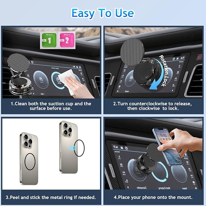 Phone Holders for Your car, Compatible with MagSafe, Ultra Vacuum Suction Cup Mount, 360° Rotation, Car Phone Holder Compatible with All Models, Carbon Fiber Deep Brown