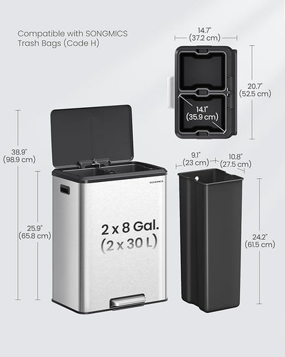SONGMICS Trash Can, 2 x 8 Gallon Double Garabge Can
