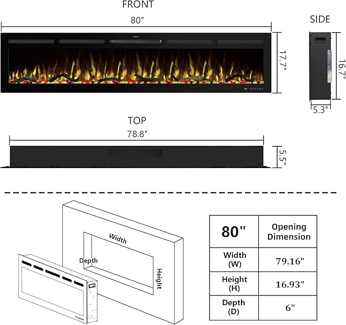 80" WiFi Electric Fireplace Inserts, Recessed and Wall Mounted Fireplace Heater