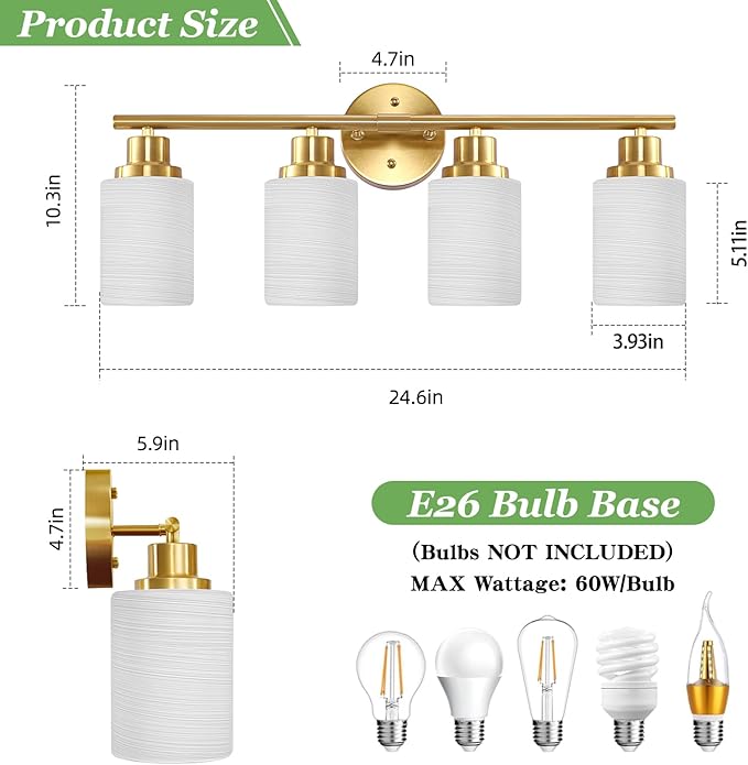 Guliaofo 4-Light Vanity Lights, Brushed Gold Bathroom Light Fixture