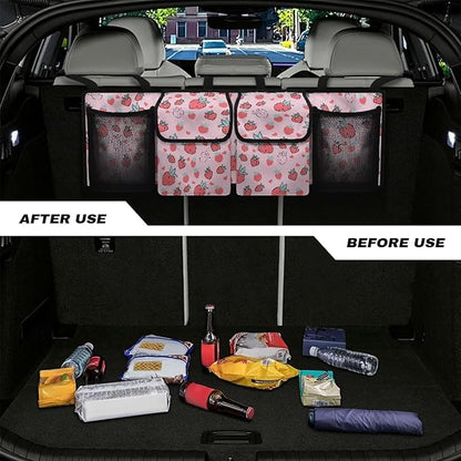 Strawberry Car Trunk Organizer, Novelty Car Accessories Marble Car Organizer for SUV/Truck/MPV, Hanging Car Storage Organizer with 4 Pocekts, Frees Trunk Floor, Sturdy Space Saving Expert