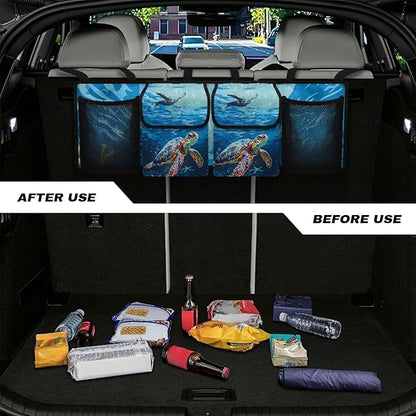 Car Trunk Organizer, Sea Turtle Car Organizers and Storage Backseat Car Organizer for SUV/Truck/MPV, Hanging Car Organization with 4 Pocekts, Frees Trunk Floor, Sturdy Space Saving Expert