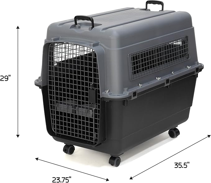SportPet Airline Approved Wire Door Travel Dog Crate, Durable Plastic Pet Travel Kennel with Removable Wheels,Collapsible, Food Bowls & Accessories,Fits Dogs up to 32" L & 24" H - X-Large -Gray/Black
