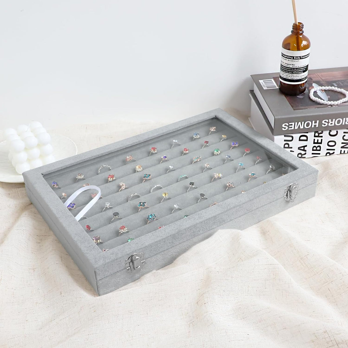 Wudygirl 7 Slot Ring Holder Velvet Jewelry Organizer Jewelry Tray for Drawer Rings Storage Ring Display Showcase Tray Stackable(Ring Box)