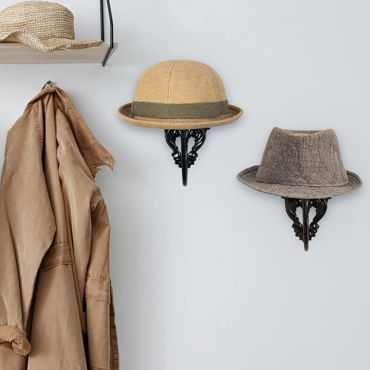 MyGift Set of 2 Wall-Mounted Black Metal Hat & Wig Display Racks