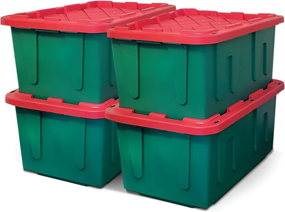 HOMZ 4-Pack Durabilt, Heavy Duty Plastic Storage Bins with Lids, 27 Gallon, Red/Green - Stackable Container Boxes for Holiday, Attic, and Garage Organization