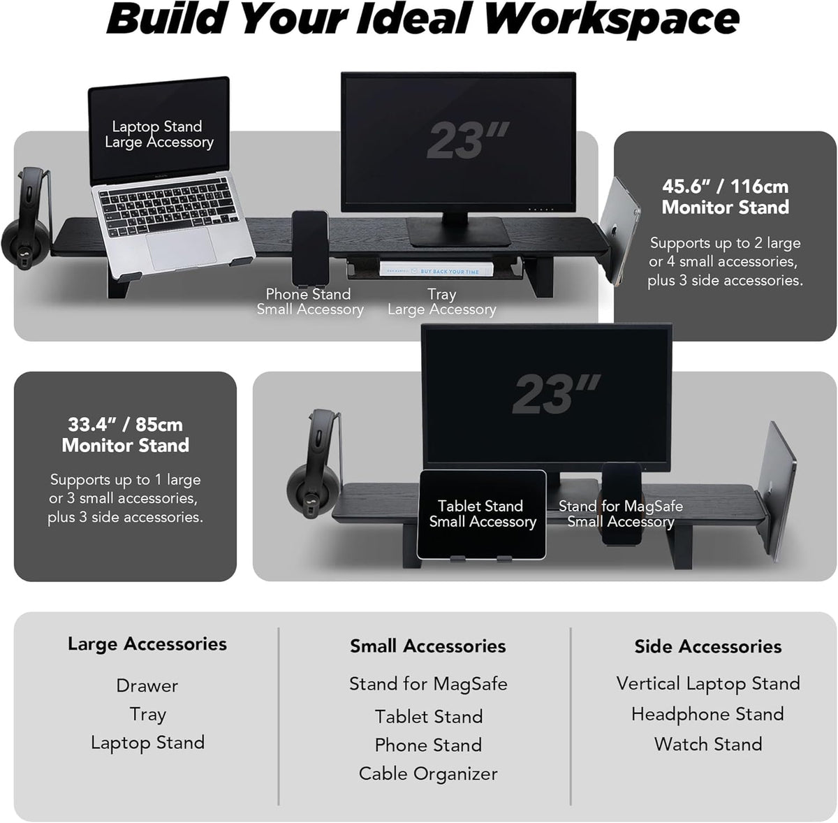 Moodular Wooden Monitor Stand 45.6” (116cm) Large Desk Organizer with Metal Slide Rails for Drawer, Tray, Laptop, Tablet, Phone & Headphones Customizable Riser for Organized Workspace Oak
