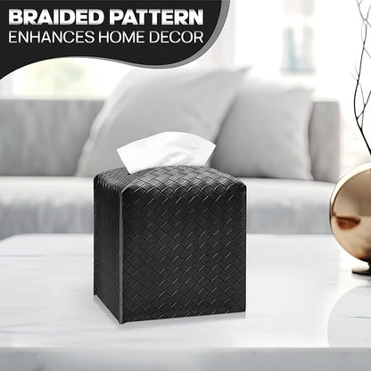 Tissue Box Cover Holder, PU Leather Tissue Box Cover with Braided Pattern, Square Tissue Holder with Bottom Belt, Modern Organizer for Bathroom, Car, Office, Tabletop(Black., 12 Braided Patterns)