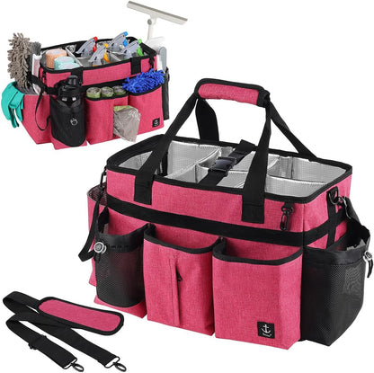 Large Cleaning Caddy Bags Pink with Sturdy Support Board, Cleaning Organizer with Detachable Dividers, Cleaning Supply Tote with Adjustable Shoulder Strap & Waist Belt for Cleaners Housekeepers