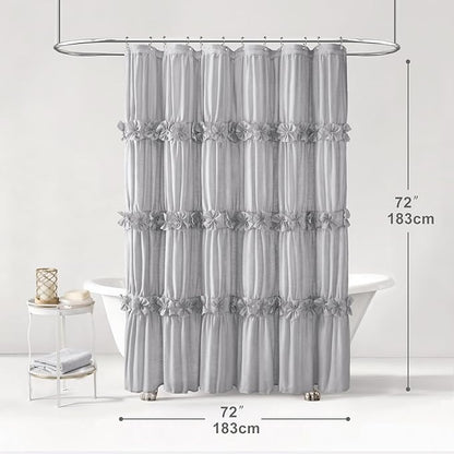 XOGUIBO Linen Ruffle Shower Curtain with Handmade Bow Tie, Vintage Farmhouse Shower Curtain for Bathroom, Grey 72" W x 72" H