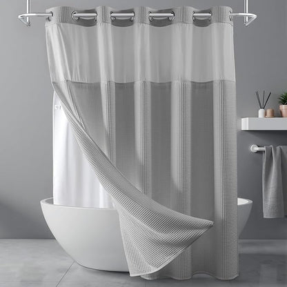 River Dream Gray Fabric Shower Curtain Set, Cotton Blend, Waffle Weave, with Snap in Replacement Liner，71 x 74 inches