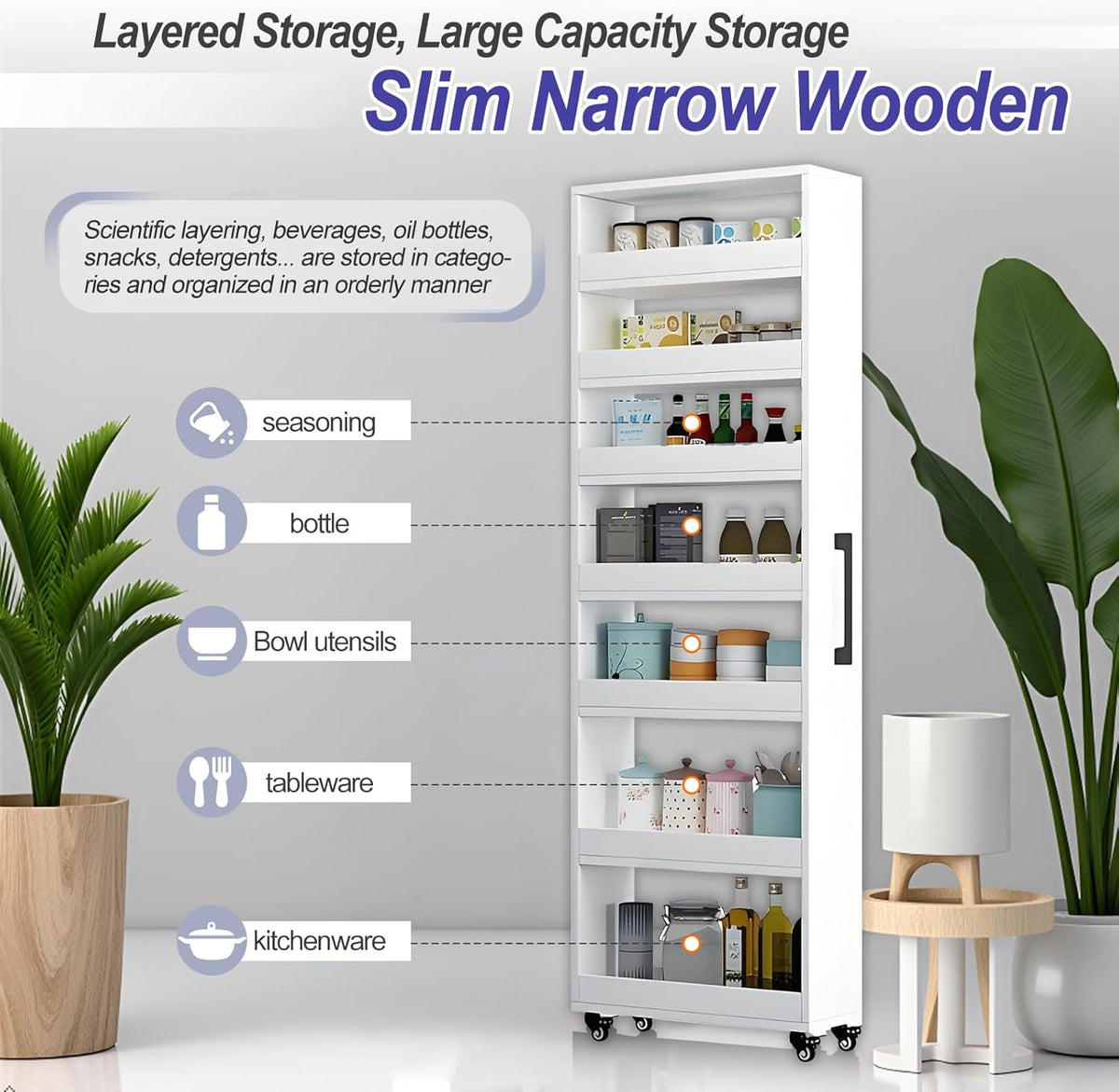 7-Tier Slim Storage Cart, Wooden Rolling Pantry Cabinet with Wheels, Narrow Shelf Organizer for Kitchen, Bakers Rack, Dining Room, Closet, Small Spaces Gray 73.2''H*9.8''W*19.6''D