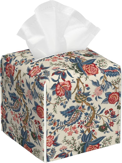 Geometric Colored Indian Flowers Tissue Box Cover,Red Boho Floral Waterproof Leather Square Tissue Box Cover Case Facial Paper Organizer Dispenser Box Holder for Home Office Bathroom Vanity Countertop