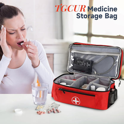 Medicine Organizer and Storage Bag Empty, Family First Aid Box, Pill Bottle Organizer Bag for Emergency Medication, Supplements or Medical Kits, Zippered Medicine Bag for Home and Travel (Red)