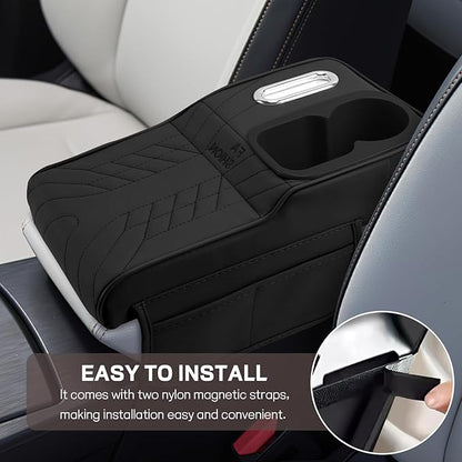 Car Center Console Armrest Pillow, 13.4"×7.5"×2" Leather Auto Arm Rest Cover with Pocket & Tissue Box & Cup Holder, Multifunctional Vehicle Armrest Cushion Pad, Car Accessories (Black)