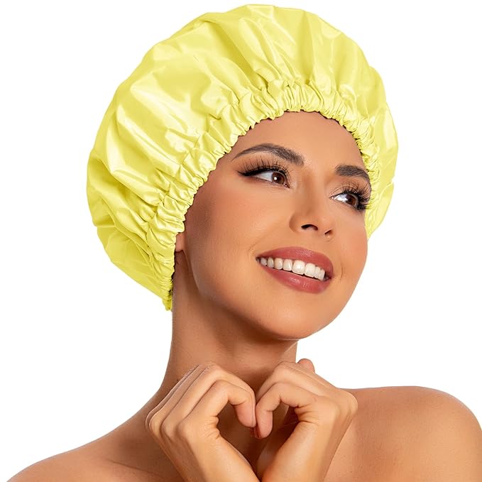 Reusable Shower Cap for Women, Large Waterproof Shower Bonnet Washable Elastic Band Bath Accessories Hair Hat for Long Hair, Braids(Bright Yellow)