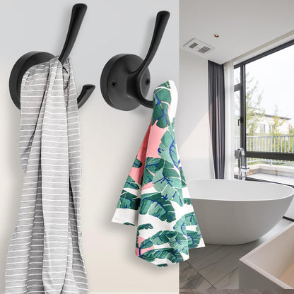 Black Wall Hooks Towel Hooks, 3 Pack Coat Hooks Robe Hook Heavy Duty Metal Double Bath Hook Wall Mounted, Hand Towel Hooks for Entryway Bathroom Kitchen Closet Garage