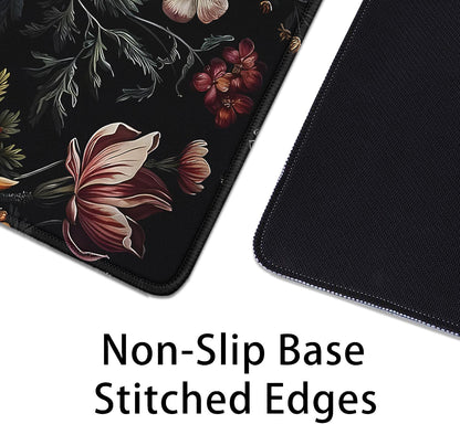 Vintage Aesthetic Mouse Pad,Extended Flower Plant Black Mousepad Desk Pad with Stitched Edges,Non-Slip Waterproof Rubber Base Mouse Mat for Office Computer Keyboard Laptop Home(27.5x11.8 in)
