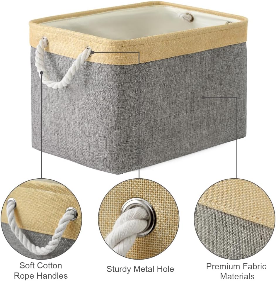 TheWarmHome Storage Basket for Organizing - Fabric Large Cubes 3 Pack 16x12x12 inch Baskets, Cube Storage Bin for Shelves Organizer Closet Cloth Gift Toy (Gold & Grey)