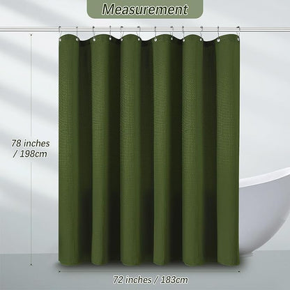 PANGSINNE Green Shower Curtain for Bathroom Waffle Textured Heavy Duty 78 Inch Shower Curtain Set for Bathroom, Water Repellent 256GSM Neutral Fabric Shower Curtains with 12 Metal Hooks, 72Wx78H