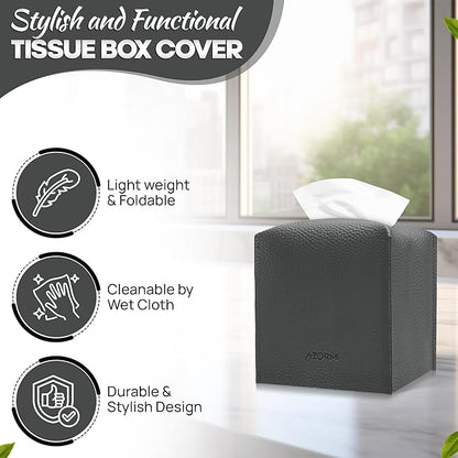 Tissue Box Cover Holder, PU Leather Tissue Box Cover Square with Bottom Belt, Cube Tissue Holder for Bathroom, Modern Organizer for Car, Office, Tabletop (Charcoal, 14 Leather Patterns)