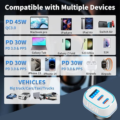105W USB Car Charger 3-Port for Family Travel, PD 45W & QC3.0 30W Super Fast Charging for Multiple Devices, Cigarette Lighter with MFi Certified Carplay Cable Fast Charger for iPhone iPad