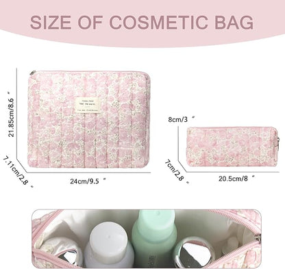 Gosect 2PC Makeup Bag Set, Cute Cosmetic Bag for Women Girls, Floral Coquette Aesthetic Toiletry Bag, Travel Make Up Organizer Bag (Pink Flower)
