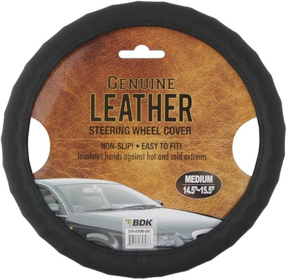 BDK Genuine Black Leather Steering Wheel Cover for Car, Small (13.5" - 14.5") – Ergonomic Comfort Grip for Men & Women, Car Steering Wheel Cover for Vehicles with Small Steering Wheels