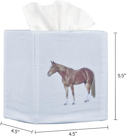 EmbroideryLinen.VN Tissue Box Cover Set of 2, Square Linen Tissue Holder, Printed Animal Pattern, 4.5x4.5x5.5 Inches, Decorative Holder for Bathroom, Living Room, Office (Horse - Ivory)