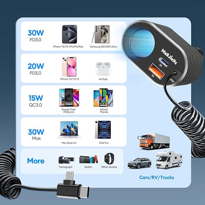 180W Retractable Car Charger Cigarette Lighter Splitter, Fast Charging Socket with Replaceable Fuse, Dual Cables for Type-c&Lightning Cord Fits for Dash Cam/Laptop/iPad/iPhone/Galaxy