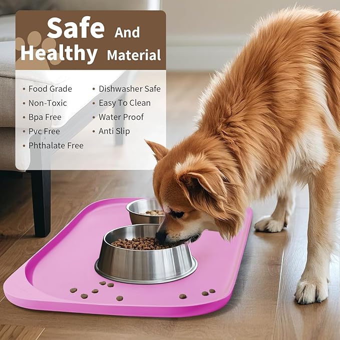 Smilool Silicone Pet Food Mat with Raised Edge for Food and Water Bowl, Dog Feeding Mats, Cat Food Trays for Floor Waterproof, Rubber Tray for Dogs and Cats, 22 x 14 x 0.8 Pink