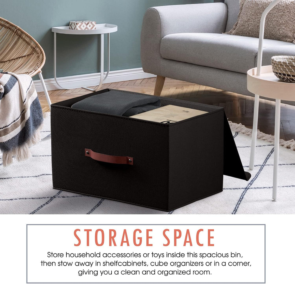 Ornavo Home 6 Pack Collapsible Storage Bins with Lid, Foldable Linen Fabric Shelf Storage Basket Closet Organizer and Large Storage Box for Clothes with Leather Handles, 16.5 x 11.8 x 7.5, Black