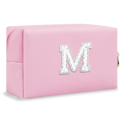 ChaoGreat Bride Gifts – Personalized Initial Makeup Bag with Pearl Rhinestone Patch, Preppy Pink Monogram Cosmetic/Toiletry Pouch, bridesmaid Gifts, Bridal Shower Gifts, Wedding Gifts, Bridal Gifts,M