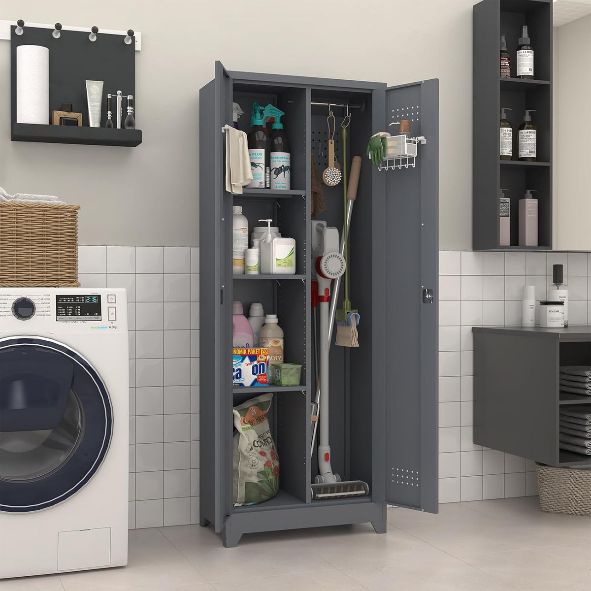 Broom Closet Storage Cabinet, Steel Locking Cabinet with Hanging Rod, 65" Cleaning Storage with Doors and Hooks, Tall Broom Tool Cabinets for Office, Garage