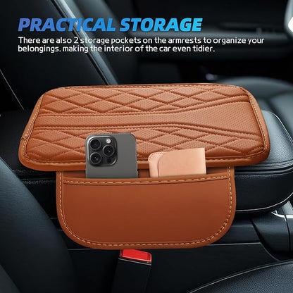 Car Center Console Cover, 11.8"×6.7" Leather Armrest Cover for Cars, Multifunctional Auto Armrest Cushion Pad with Storage Pocket, Universal Arm Rest Protector Car Accessories (Brown)