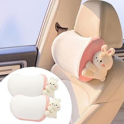 Car Headrest Pillow 2PCS Bear or Bunny Car Seat Neck Pillow Car Decor Memory Foam Neck Support Cushions for Comfortable Driving, Easy Install & Washable (Pink)