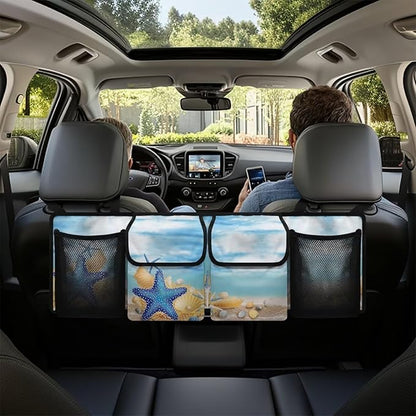 Foldable Car Backseat Trunk Organizer Beach Starfish Conch Collapsible Cargo Bag for SUVs&Sedans Auto Hanging Seat Back Storage