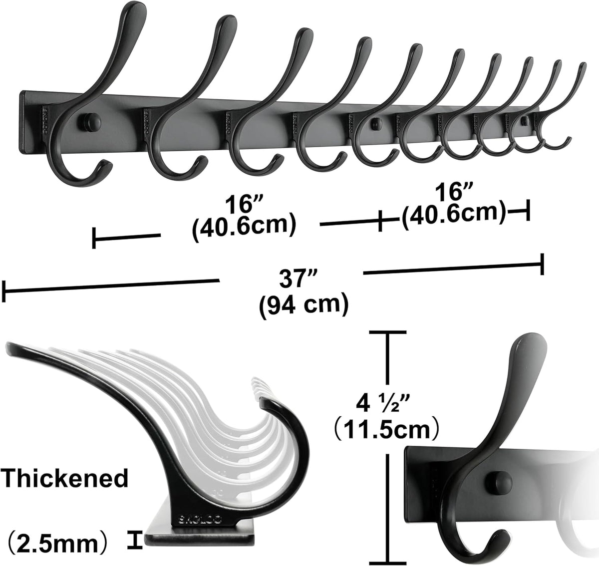 SKOLOO Coat Rack Wall Mounted - 10 Hooks, Pack of 2, Heavy Duty, Stainless Steel, Metal Wall Hanger, Sturdy Coat Hooks for Hanging Coats, Jacket, Clothes, Hat, Black