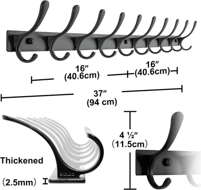 SKOLOO Coat Rack Wall Mounted - 10 Hooks, Pack of 2, Heavy Duty, Stainless Steel, Metal Wall Hanger, Sturdy Coat Hooks for Hanging Coats, Jacket, Clothes, Hat, Black